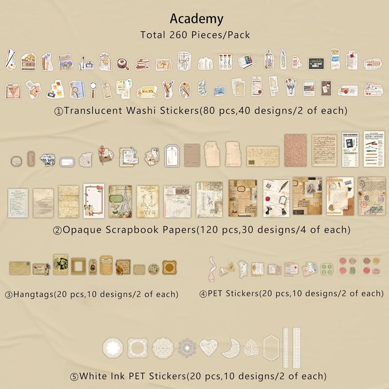 Teniinet 260 PCS Vintage Scrapbooking Supplies Aesthetic Journaling Kit,Large Collection for Bullet Junk Journals,Arts Craft Collage,Ephemera Adults,Beginners,Girls Teenage School Style(Academy) - Image 2